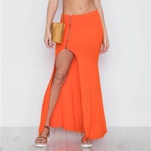 GIANNA ORANGE SOLID ZIP-FRONT SIDE-SLIT MAXI SKIRT